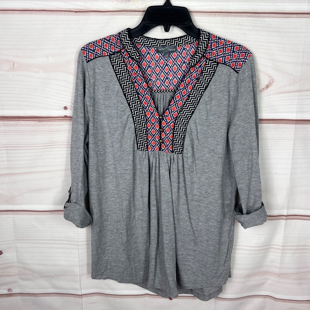 Market & Spruce Top Womens S Gray Henley Neck Blouse 3/4 Sleeve Knit Pullover